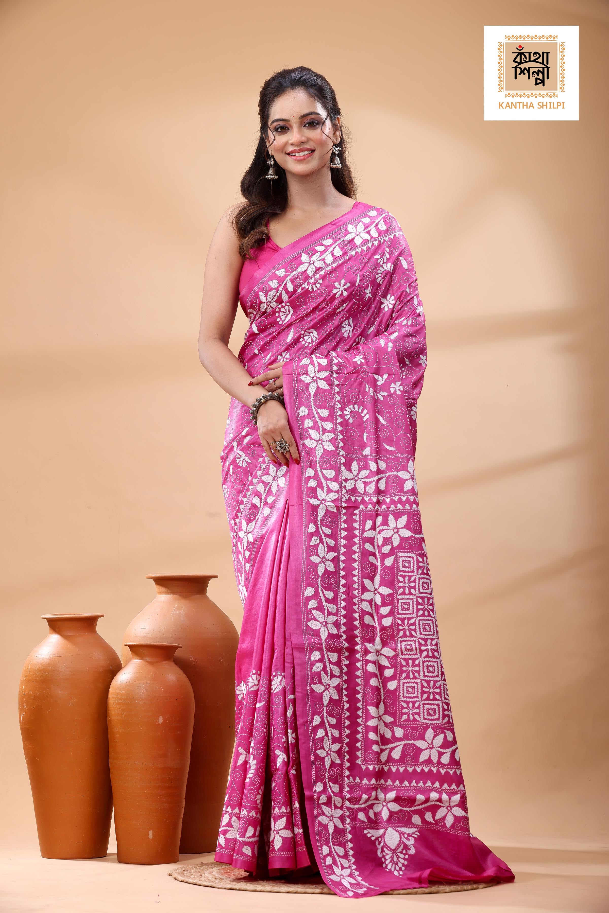 Pure Pink Dye Gachi Tussar White Color Thread Work Kantha Stitch Saree