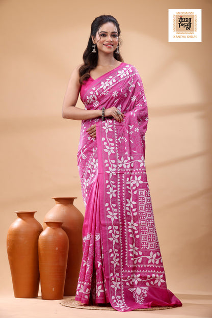 Pure Pink Dye Gachi Tussar White Color Thread Work Kantha Stitch Saree