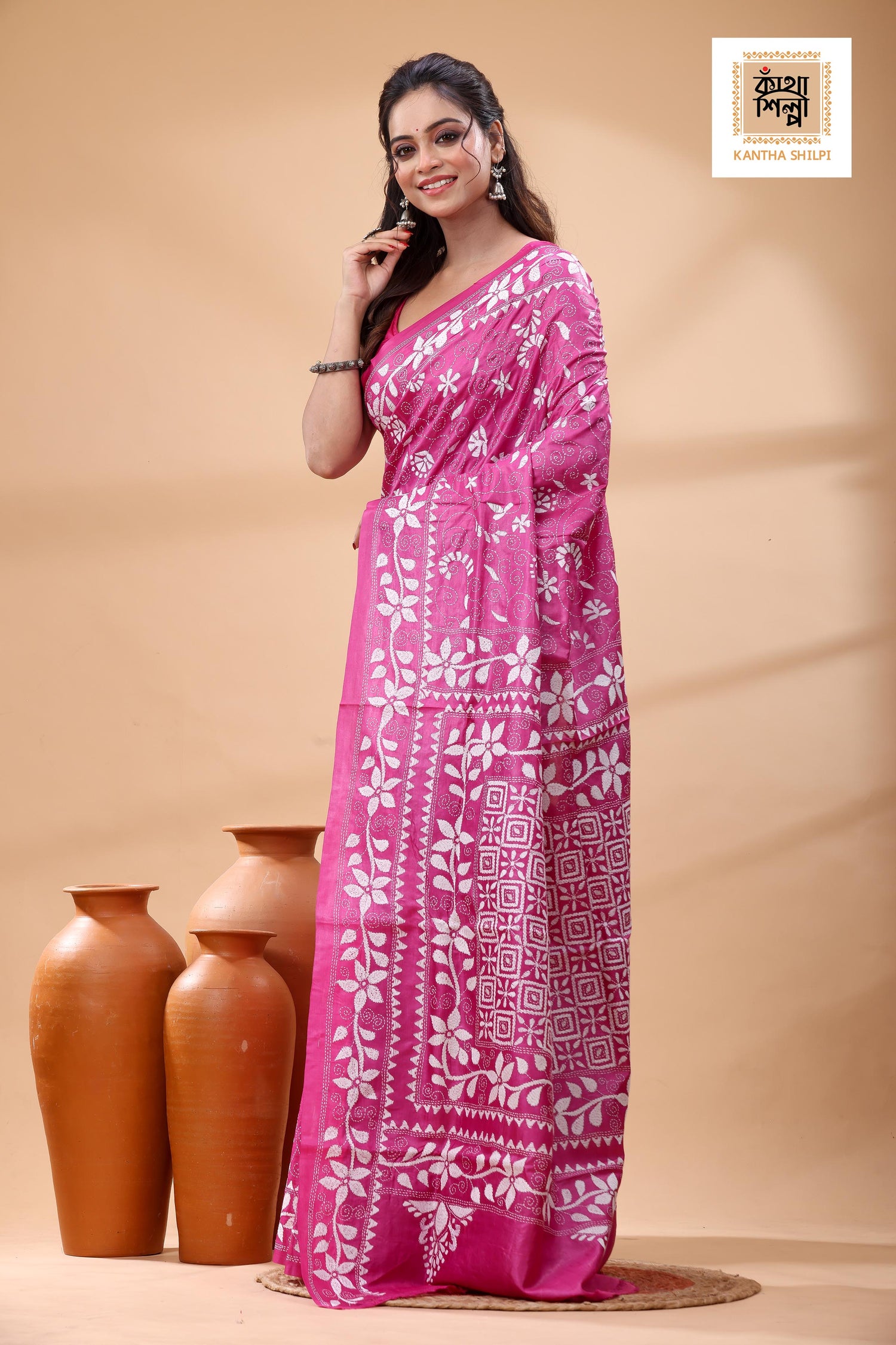 Pure Pink Dye Gachi Tussar White Color Thread Work Kantha Stitch Saree