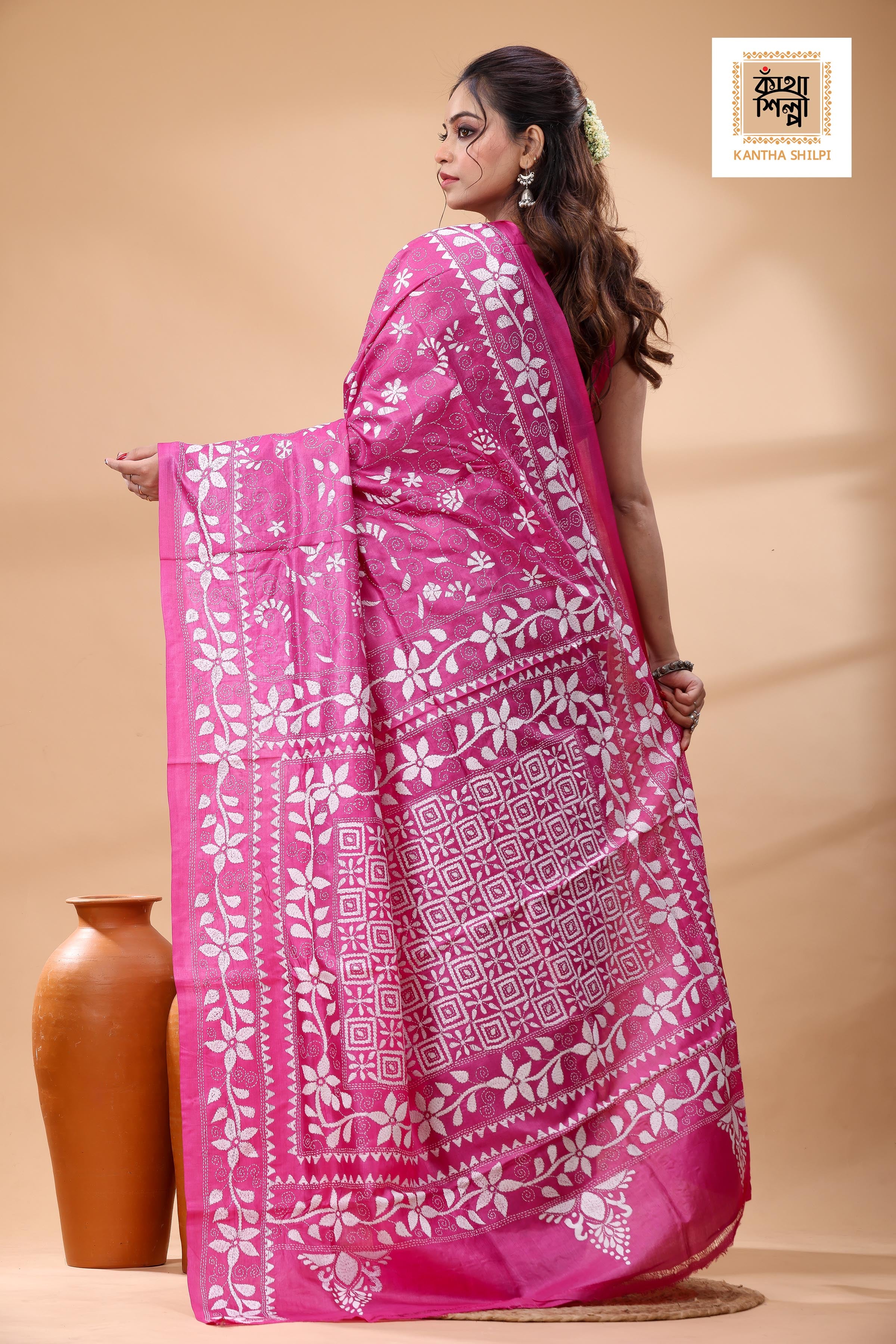 Pure Pink Dye Gachi Tussar White Color Thread Work Kantha Stitch Saree