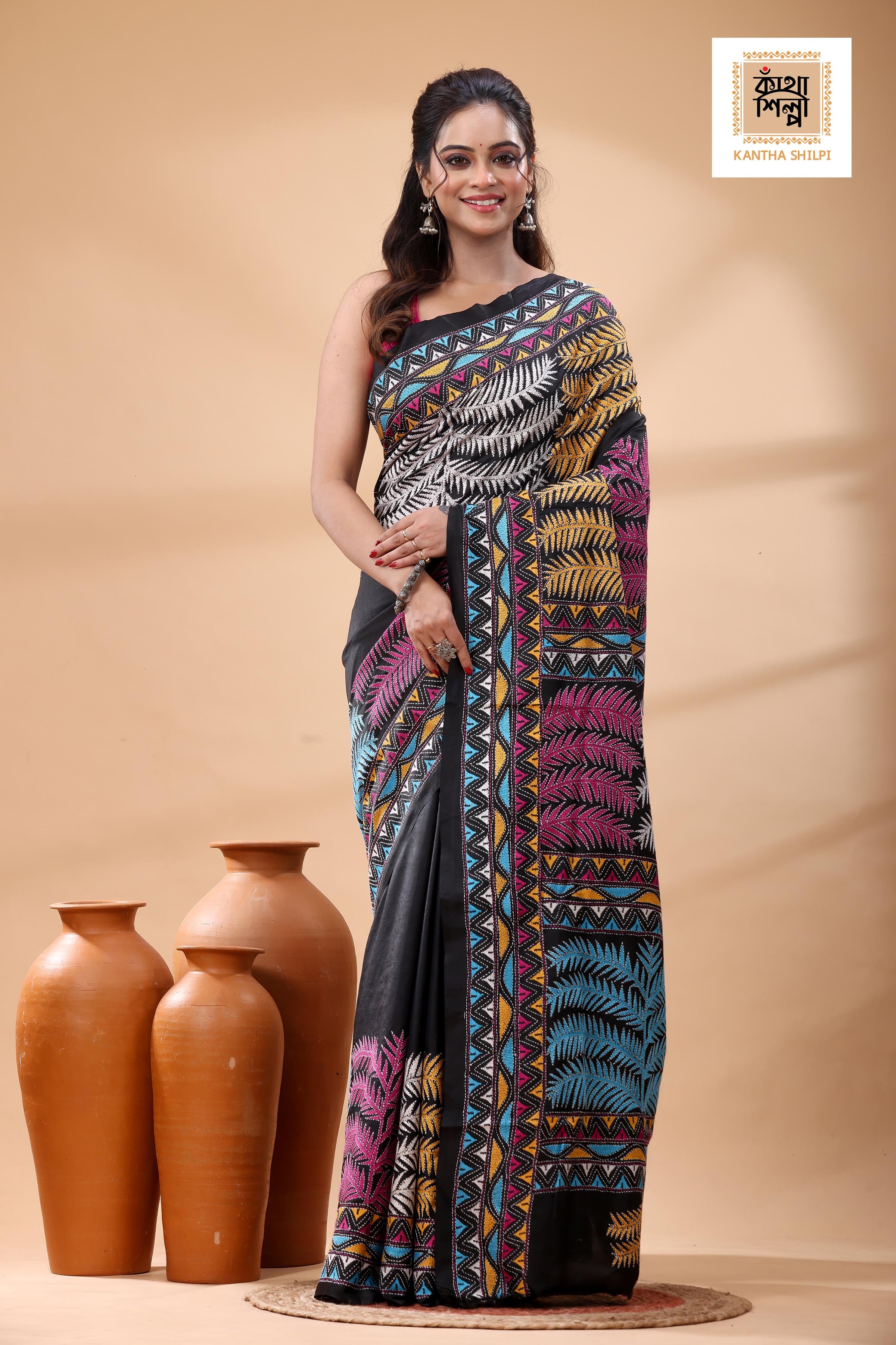 Black Pure Bangalore Silk Multicolor Thread Work Kantha Stitch Saree
