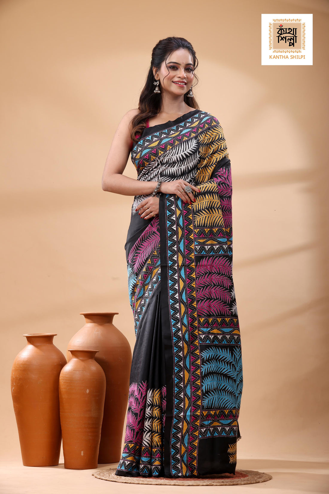 Black Pure Bangalore Silk Multicolor Thread Work Kantha Stitch Saree