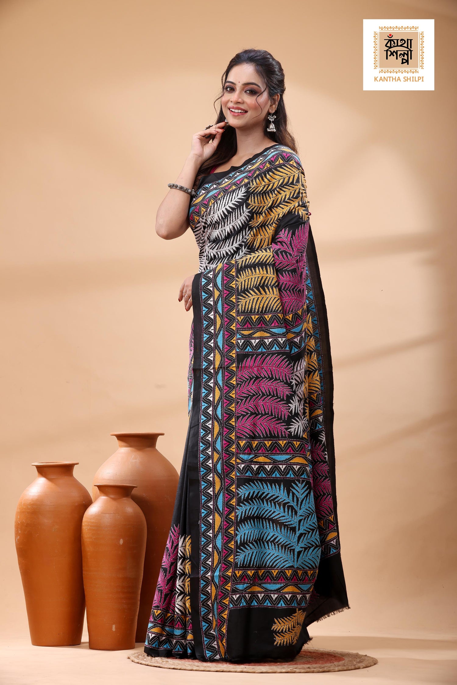 Black Pure Bangalore Silk Multicolor Thread Work Kantha Stitch Saree