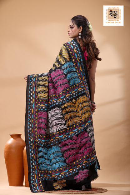 Black Pure Bangalore Silk Multicolor Thread Work Kantha Stitch Saree