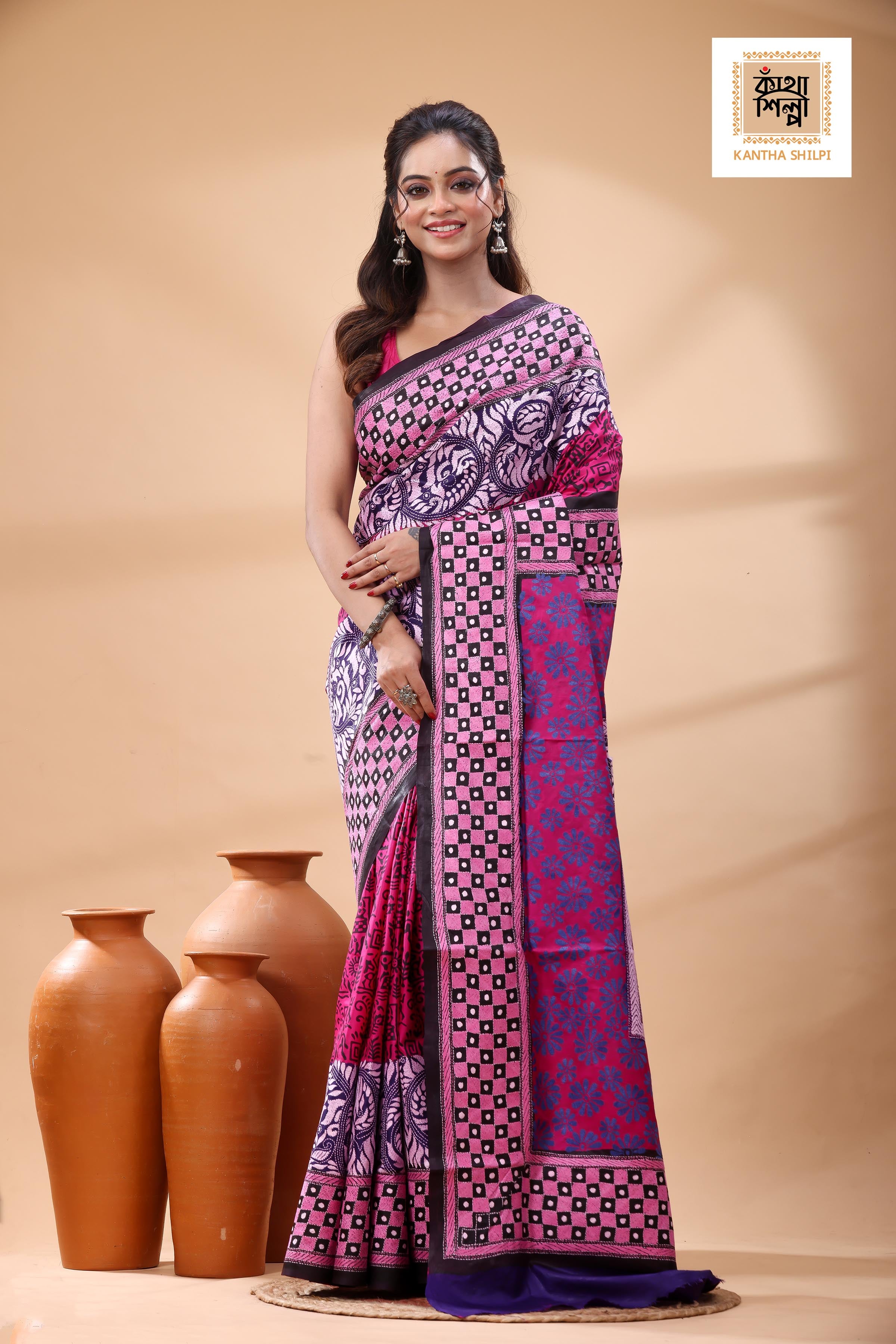 Multicolor Dye Pure Bangalore Silk Multicolor Thread Work Kantha Stitch Saree