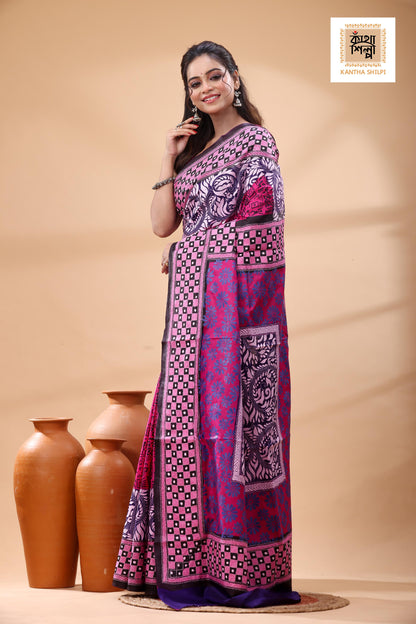 Multicolor Dye Pure Bangalore Silk Multicolor Thread Work Kantha Stitch Saree