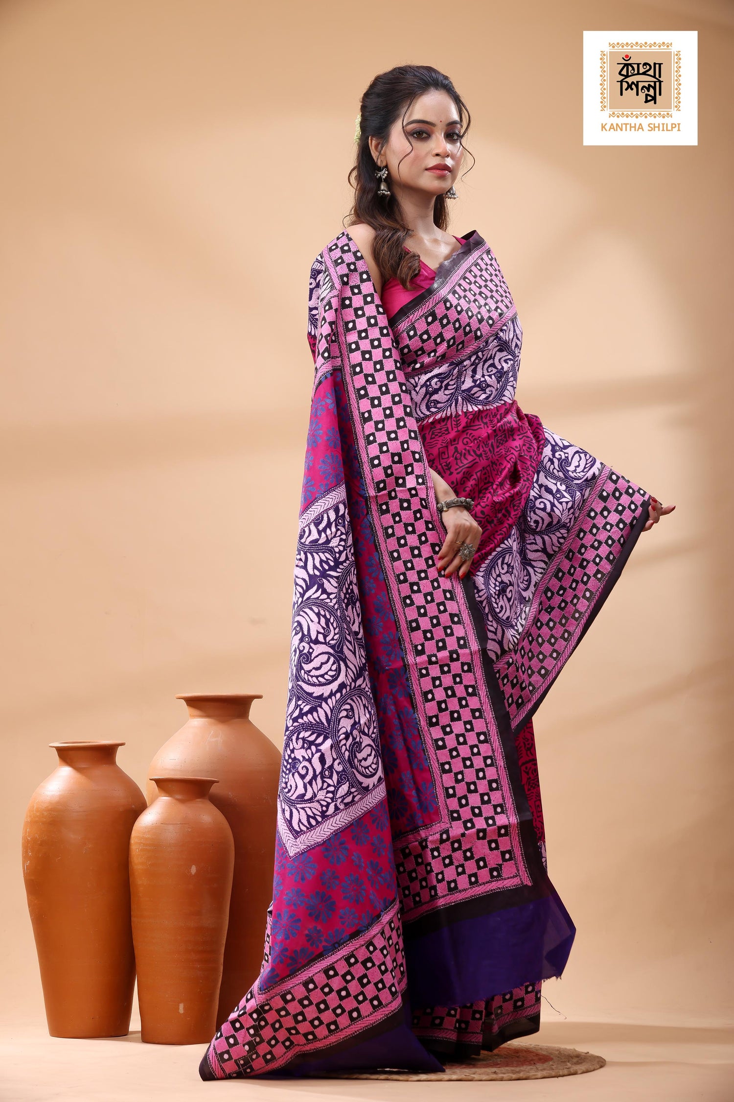 Multicolor Dye Pure Bangalore Silk Multicolor Thread Work Kantha Stitch Saree