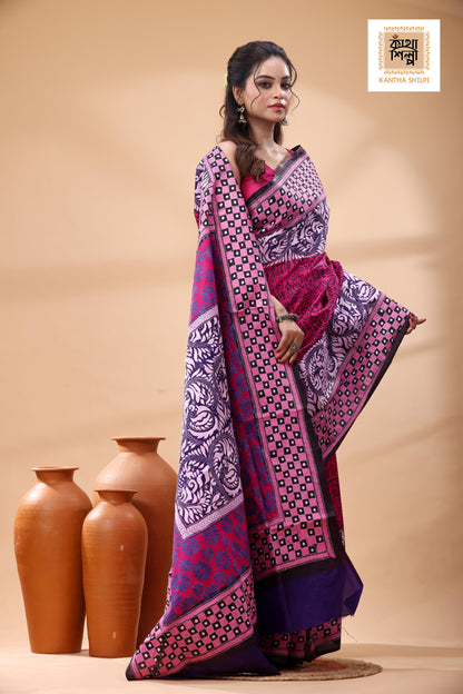 Multicolor Dye Pure Bangalore Silk Multicolor Thread Work Kantha Stitch Saree