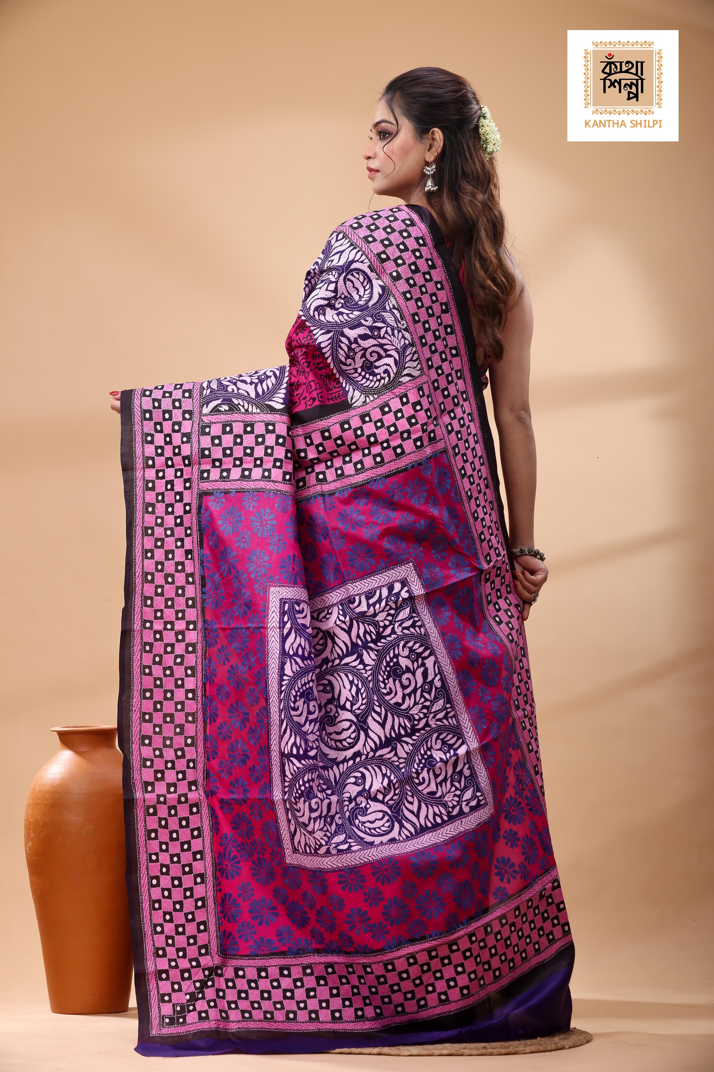 Multicolor Dye Pure Bangalore Silk Multicolor Thread Work Kantha Stitch Saree