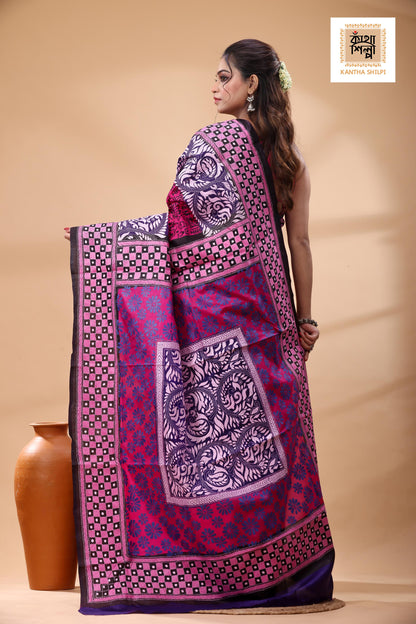 Multicolor Dye Pure Bangalore Silk Multicolor Thread Work Kantha Stitch Saree
