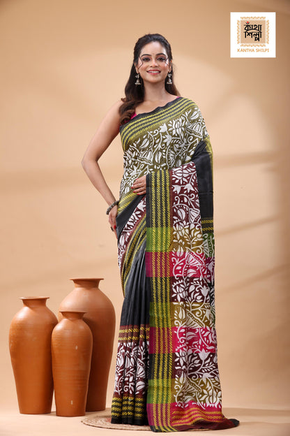 Bishnupuri (Katan) Silk Kantha Stitch Saree