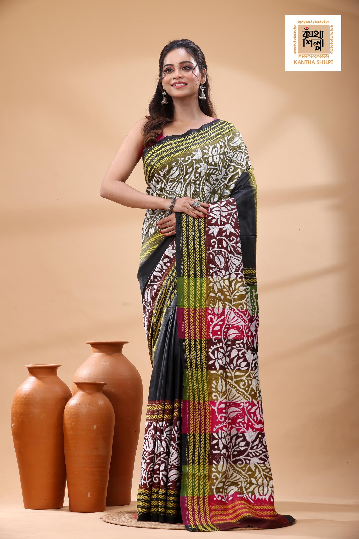 Bishnupuri (Katan) Silk Kantha Stitch Saree