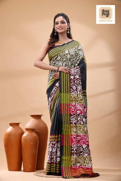 Bishnupuri (Katan) Silk Kantha Stitch Saree
