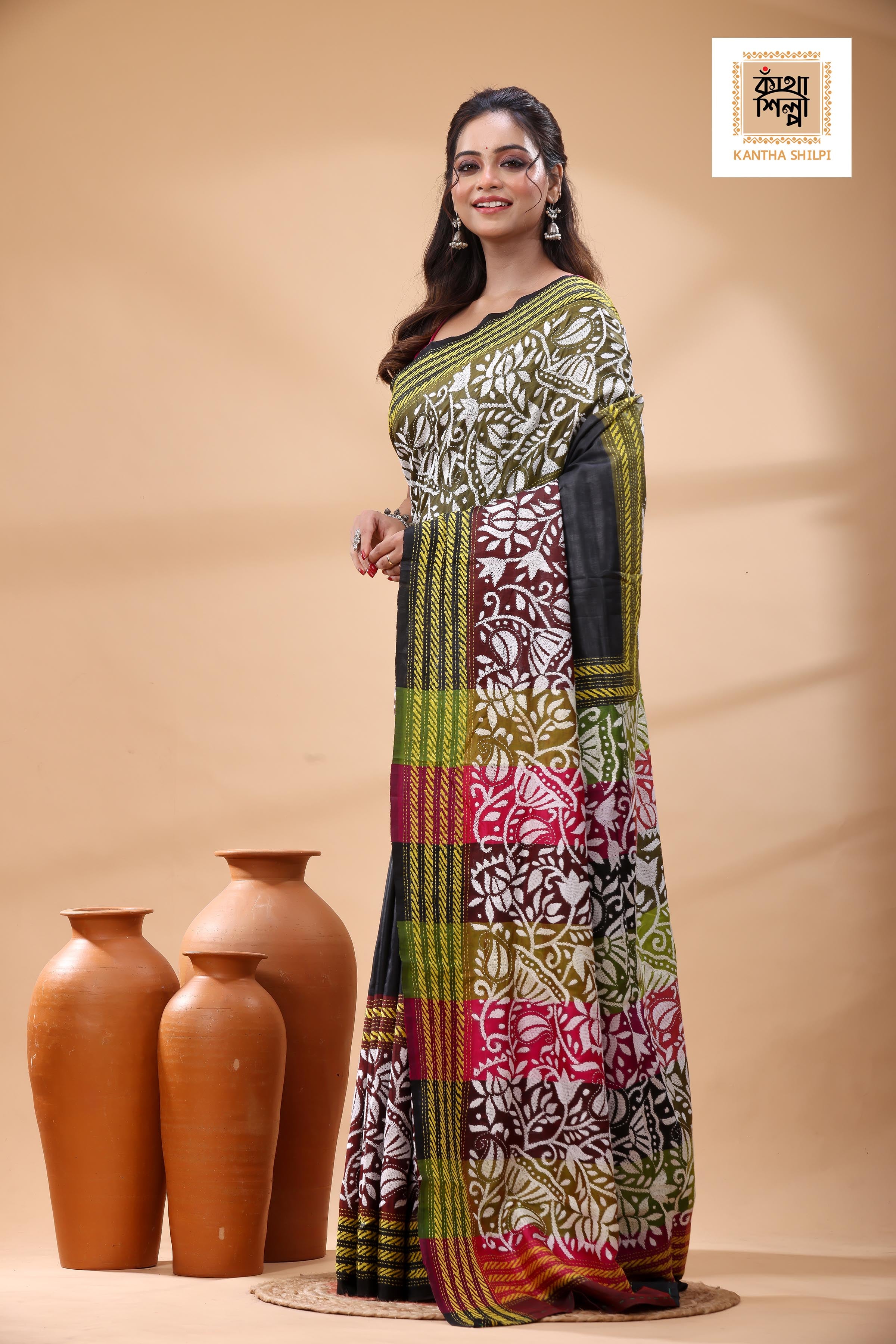 Bishnupuri (Katan) Silk Kantha Stitch Saree