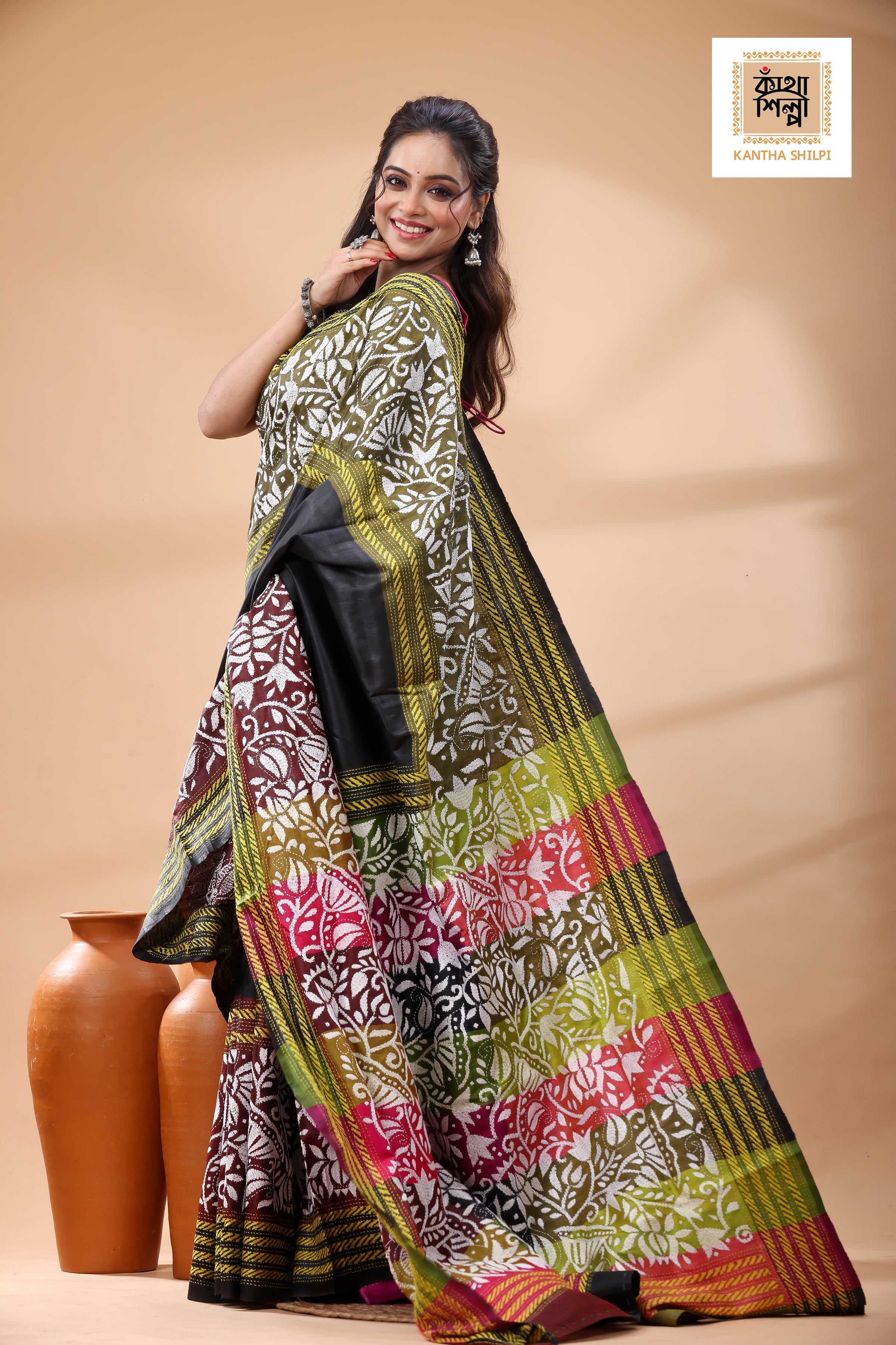 Bishnupuri (Katan) Silk Kantha Stitch Saree