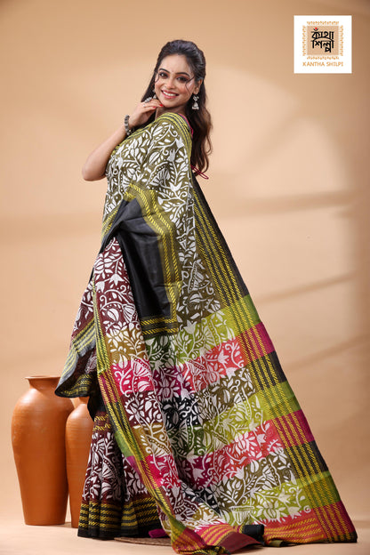 Bishnupuri (Katan) Silk Kantha Stitch Saree