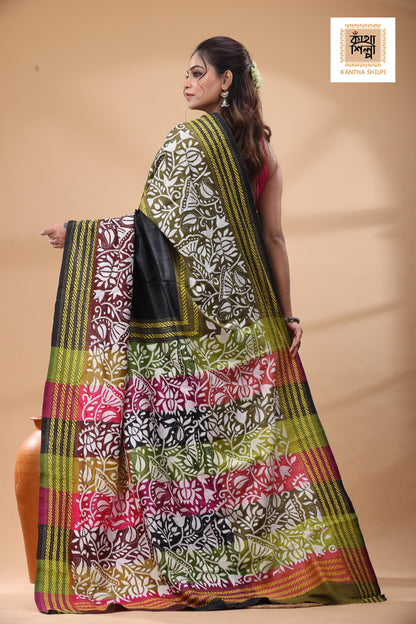 Bishnupuri (Katan) Silk Kantha Stitch Saree