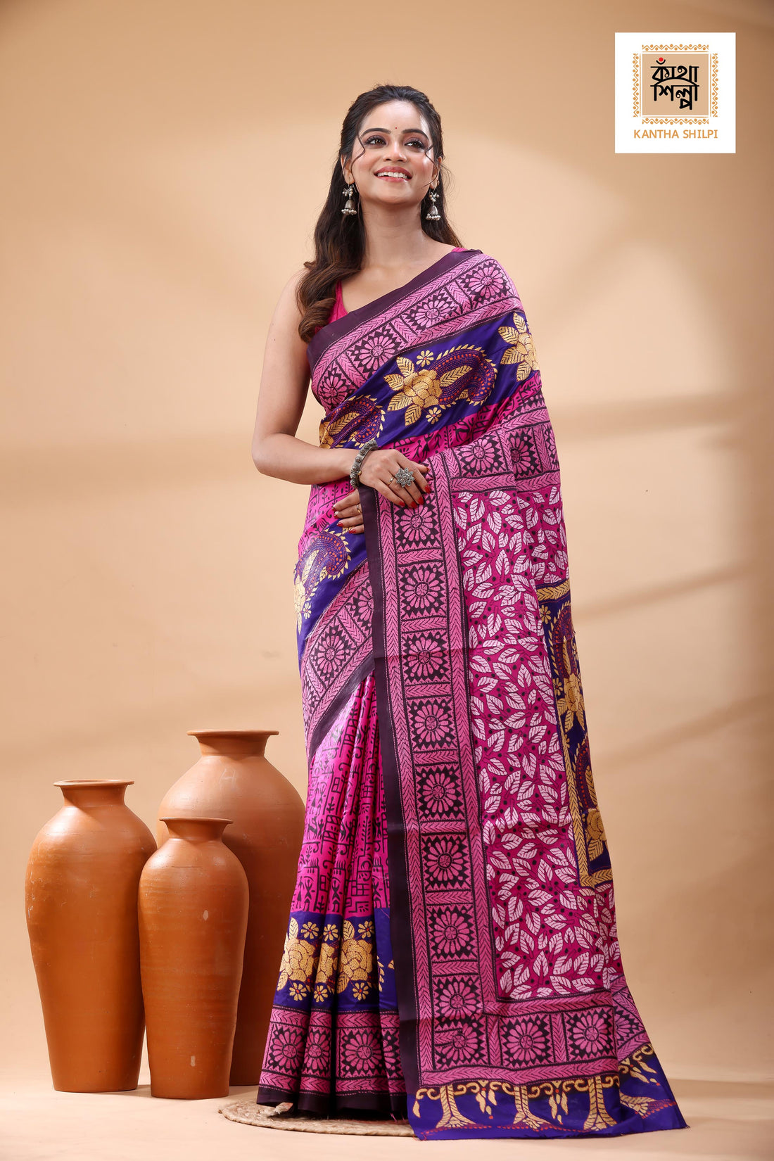 Multicolor Dye Pure Bangalore Silk Multicolor Thread Work Kantha Stitch Saree