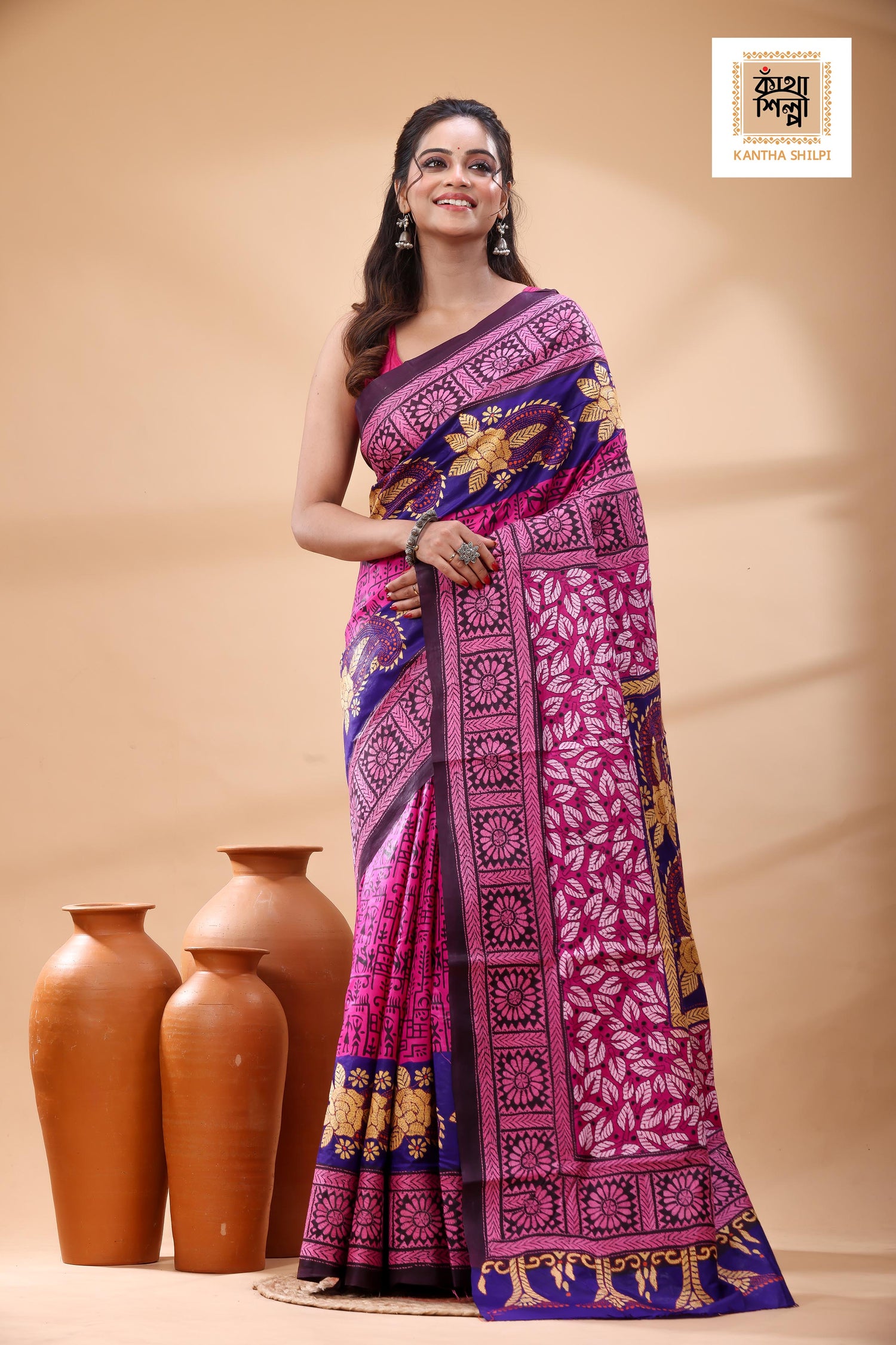 Multicolor Dye Pure Bangalore Silk Multicolor Thread Work Kantha Stitch Saree