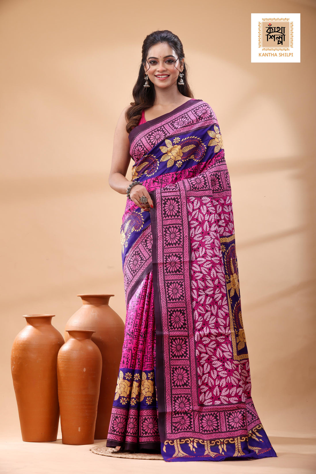Multicolor Dye Pure Bangalore Silk Multicolor Thread Work Kantha Stitch Saree