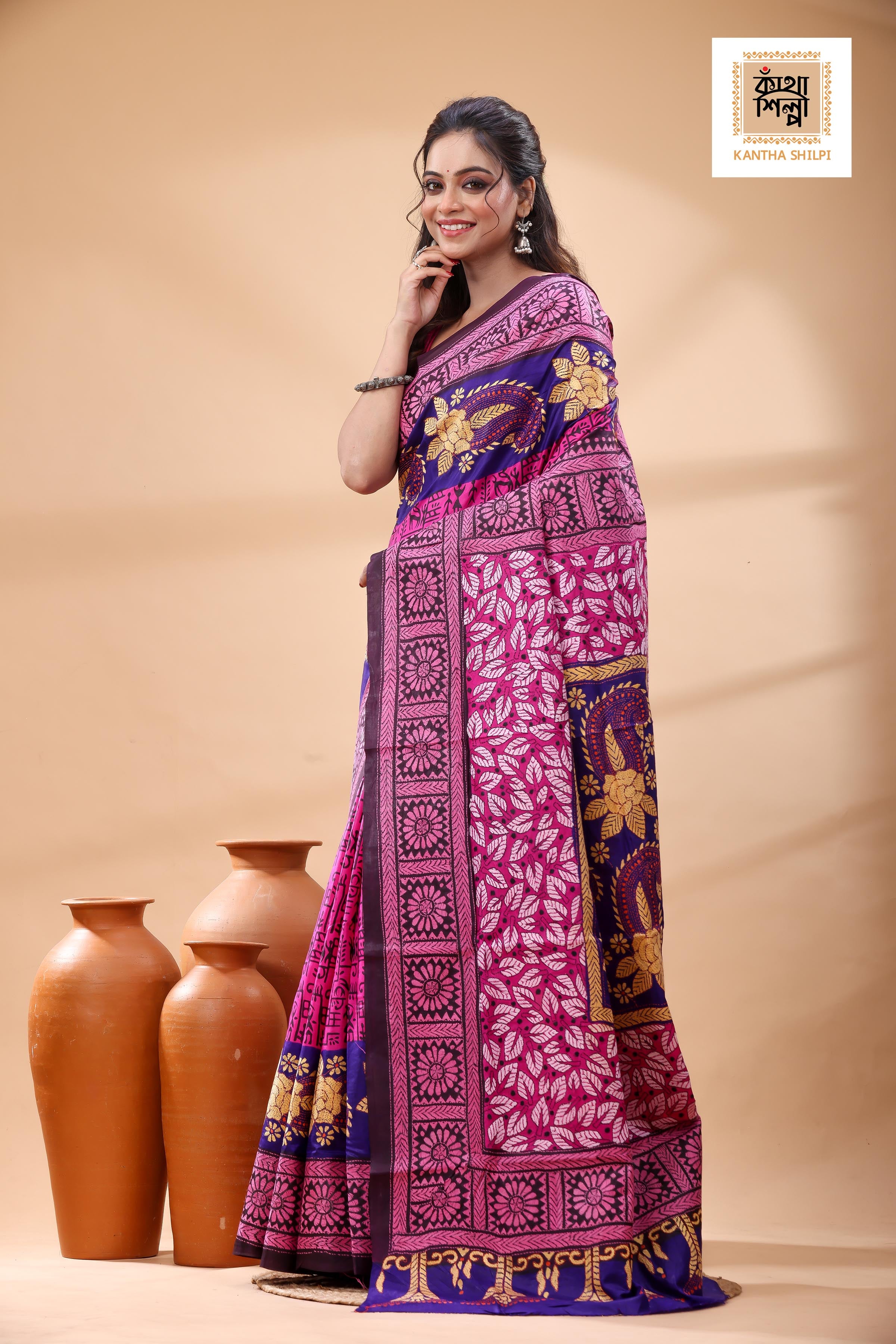 Multicolor Dye Pure Bangalore Silk Multicolor Thread Work Kantha Stitch Saree