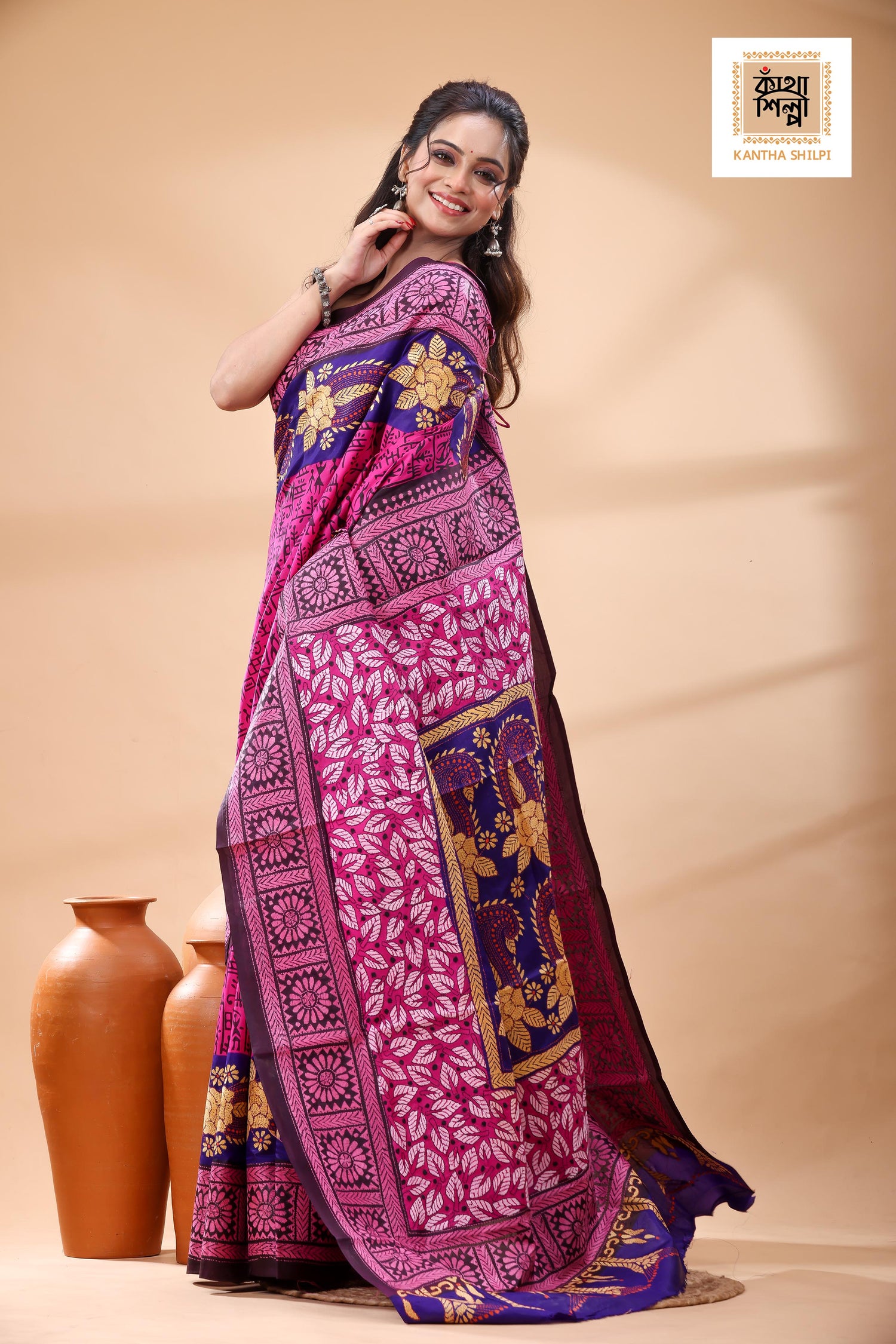 Multicolor Dye Pure Bangalore Silk Multicolor Thread Work Kantha Stitch Saree