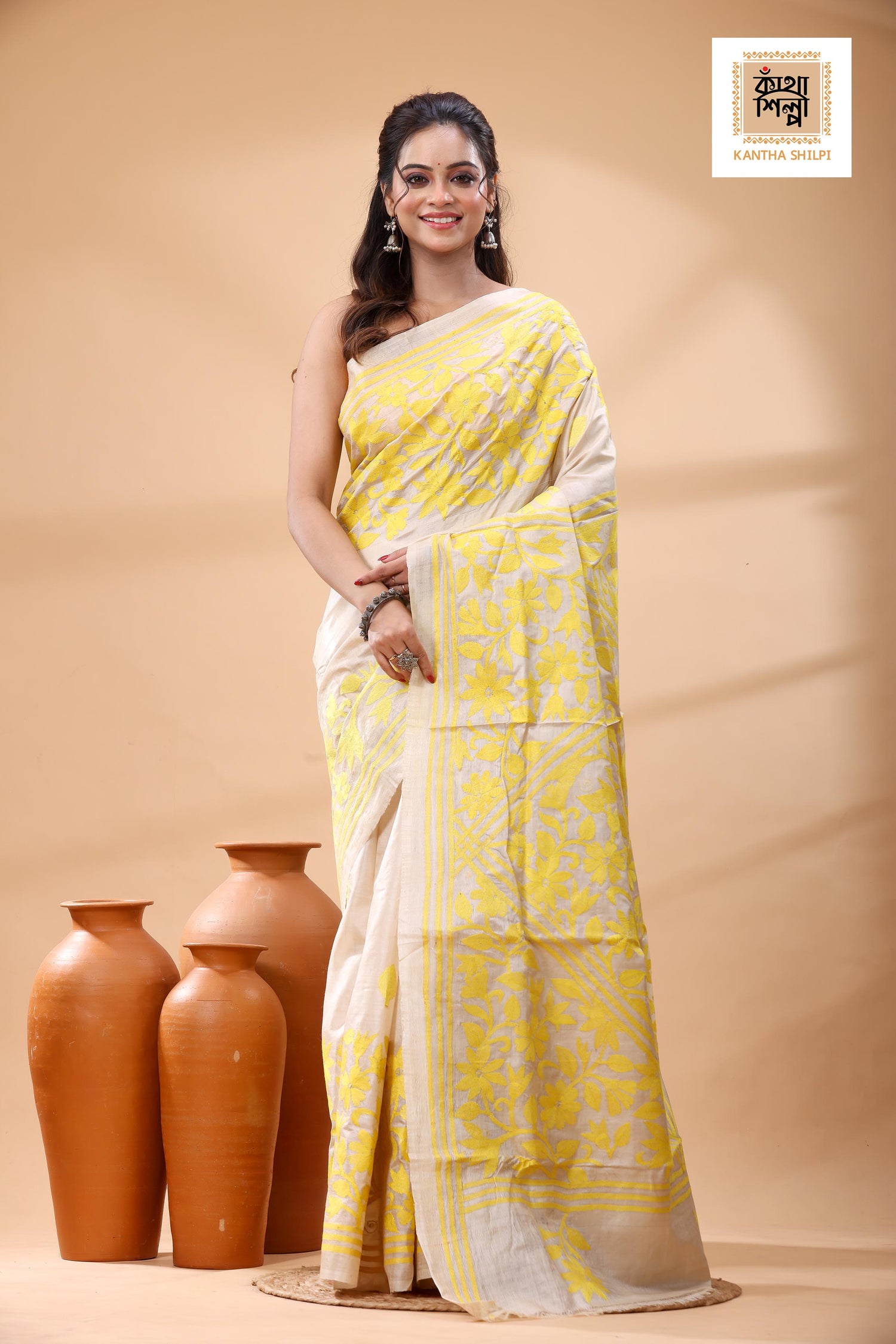 Pure Gachi Tussar Yellow Color Thread Work Kantha Stitch Saree