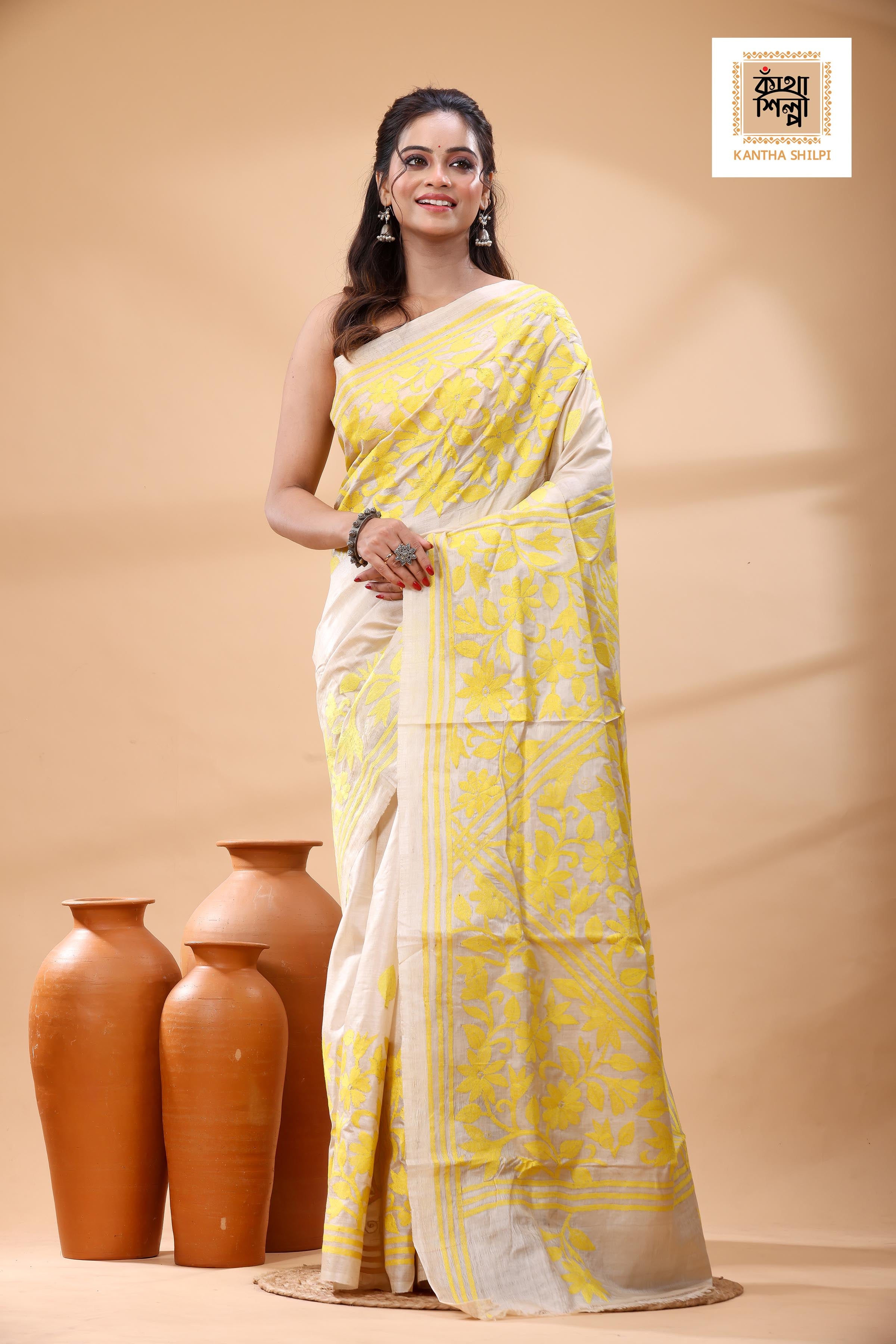 Pure Gachi Tussar Yellow Color Thread Work Kantha Stitch Saree