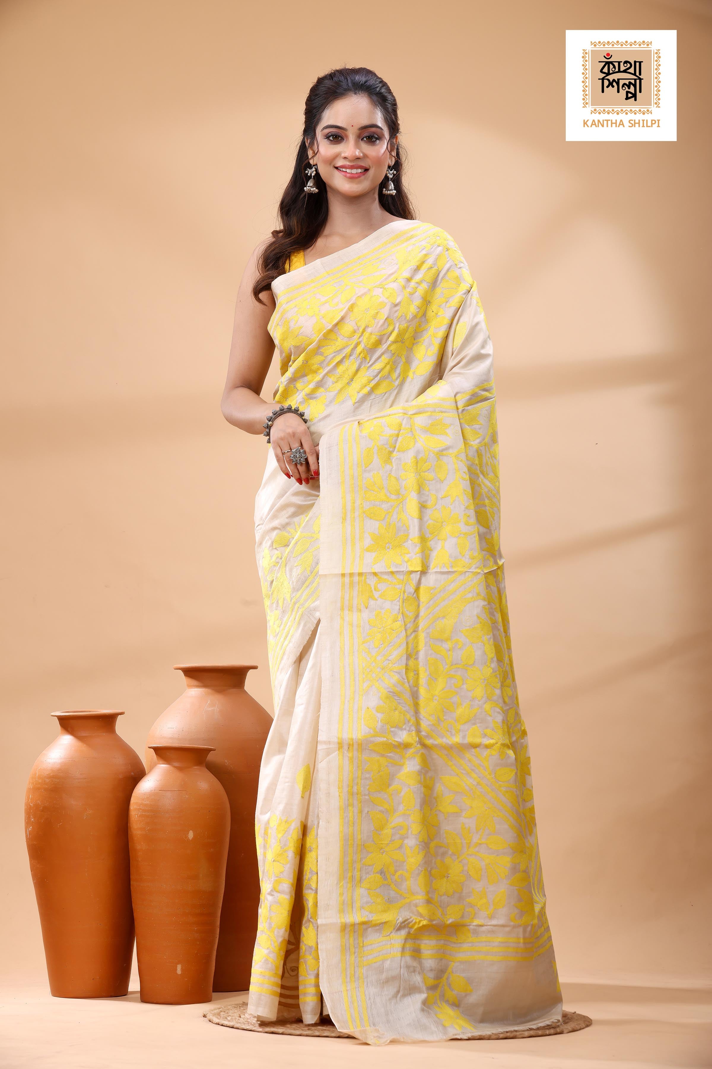 Pure Gachi Tussar Yellow Color Thread Work Kantha Stitch Saree
