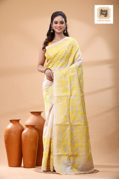 Pure Gachi Tussar Yellow Color Thread Work Kantha Stitch Saree