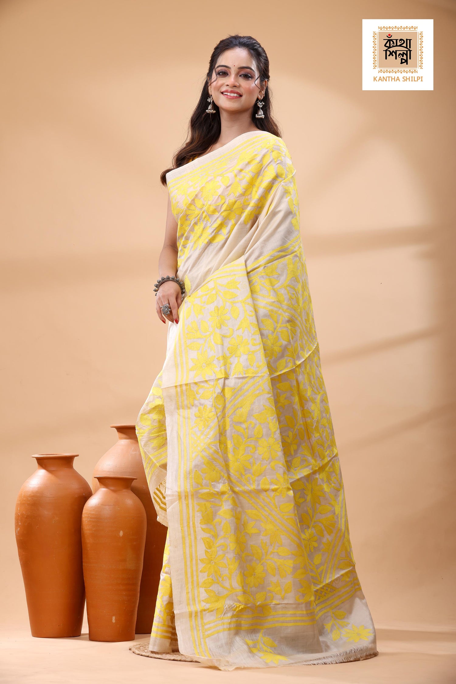 Pure Gachi Tussar Yellow Color Thread Work Kantha Stitch Saree