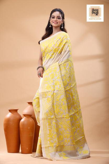 Pure Gachi Tussar Yellow Color Thread Work Kantha Stitch Saree
