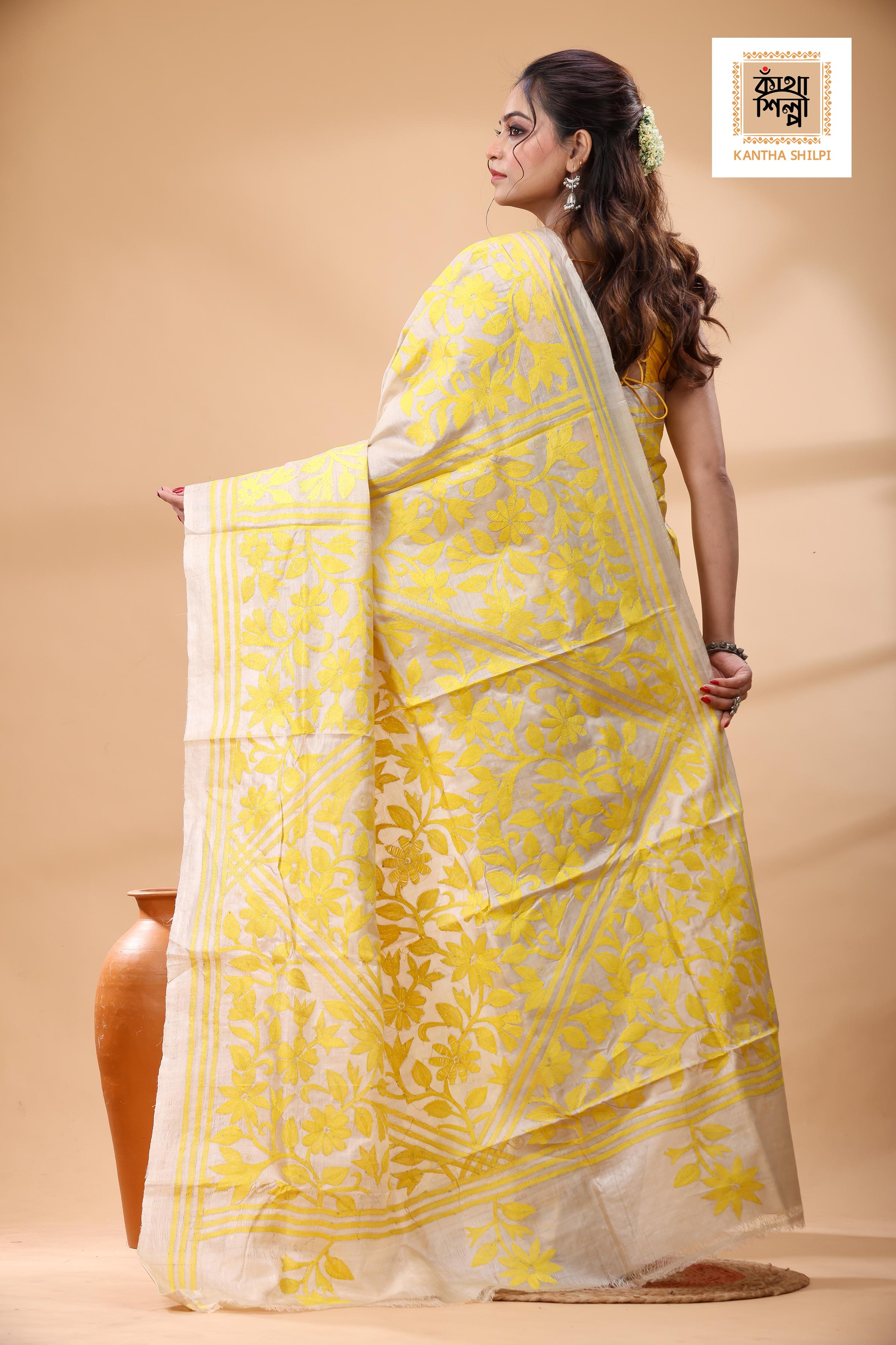 Pure Gachi Tussar Yellow Color Thread Work Kantha Stitch Saree
