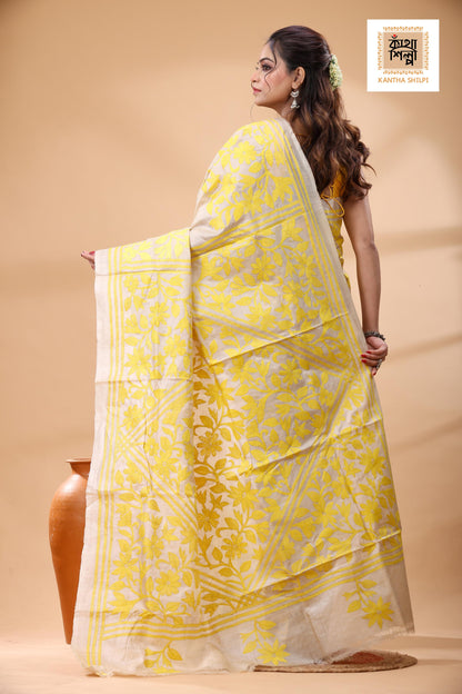 Pure Gachi Tussar Yellow Color Thread Work Kantha Stitch Saree