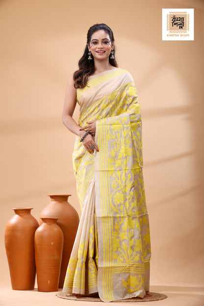Pure Gachi Tussar Yellow Color Thread Work Kantha Stitch Saree