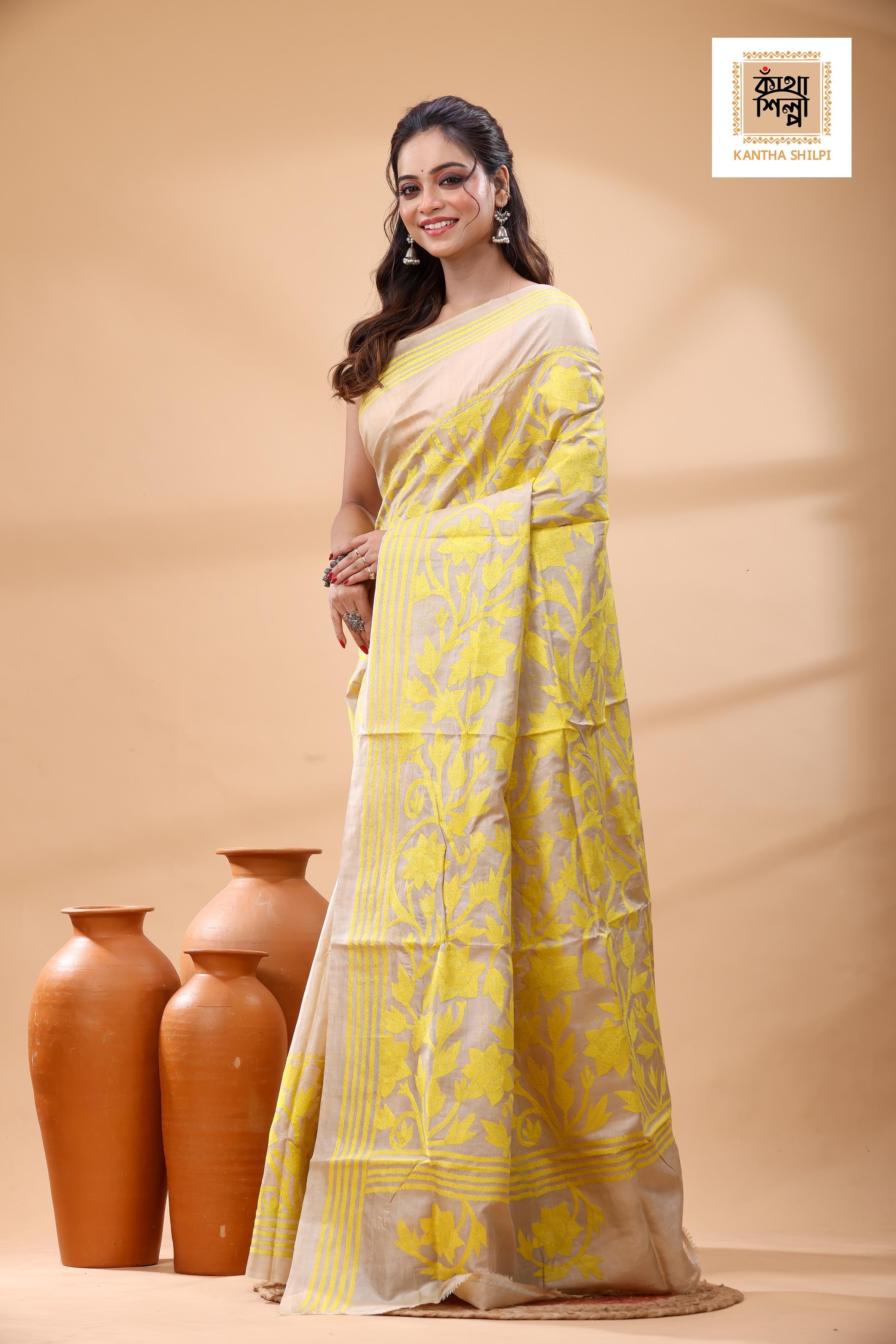 Pure Gachi Tussar Yellow Color Thread Work Kantha Stitch Saree