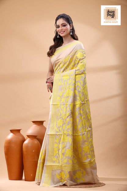 Pure Gachi Tussar Yellow Color Thread Work Kantha Stitch Saree