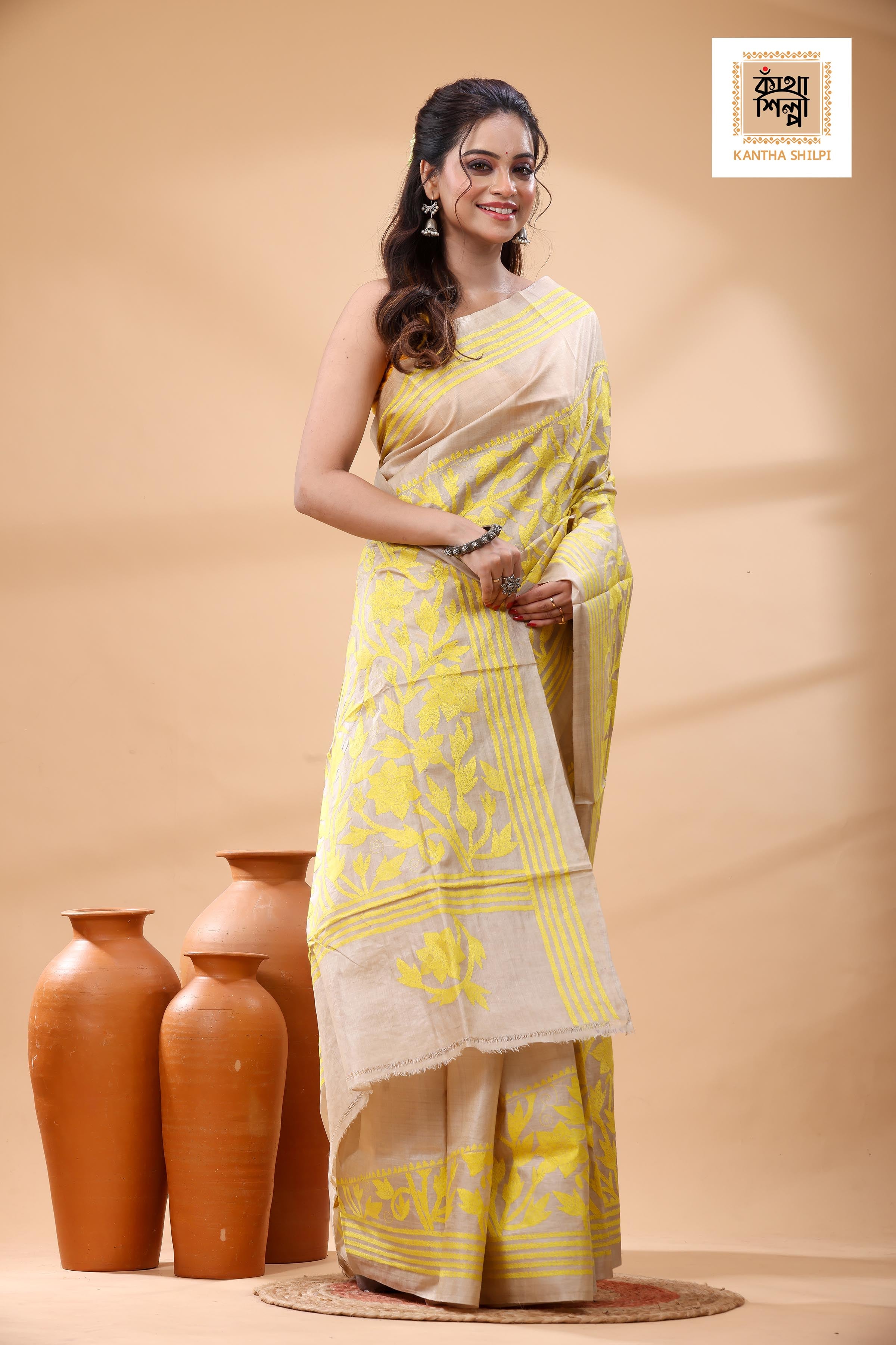 Pure Gachi Tussar Yellow Color Thread Work Kantha Stitch Saree