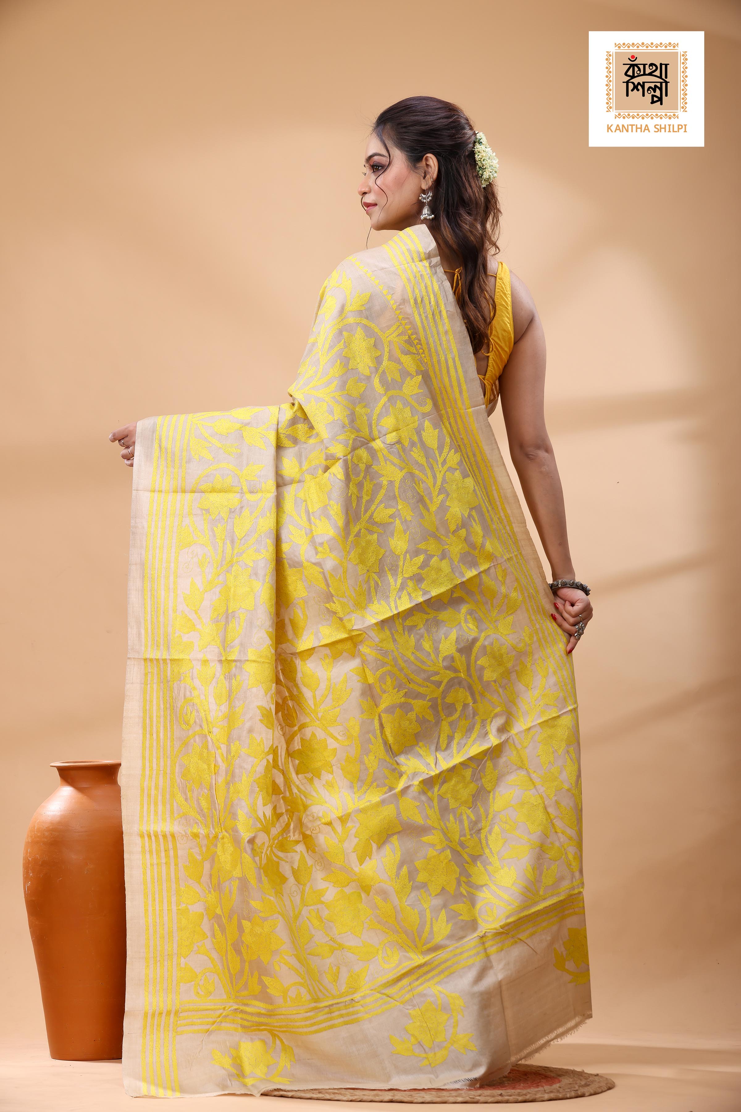 Pure Gachi Tussar Yellow Color Thread Work Kantha Stitch Saree