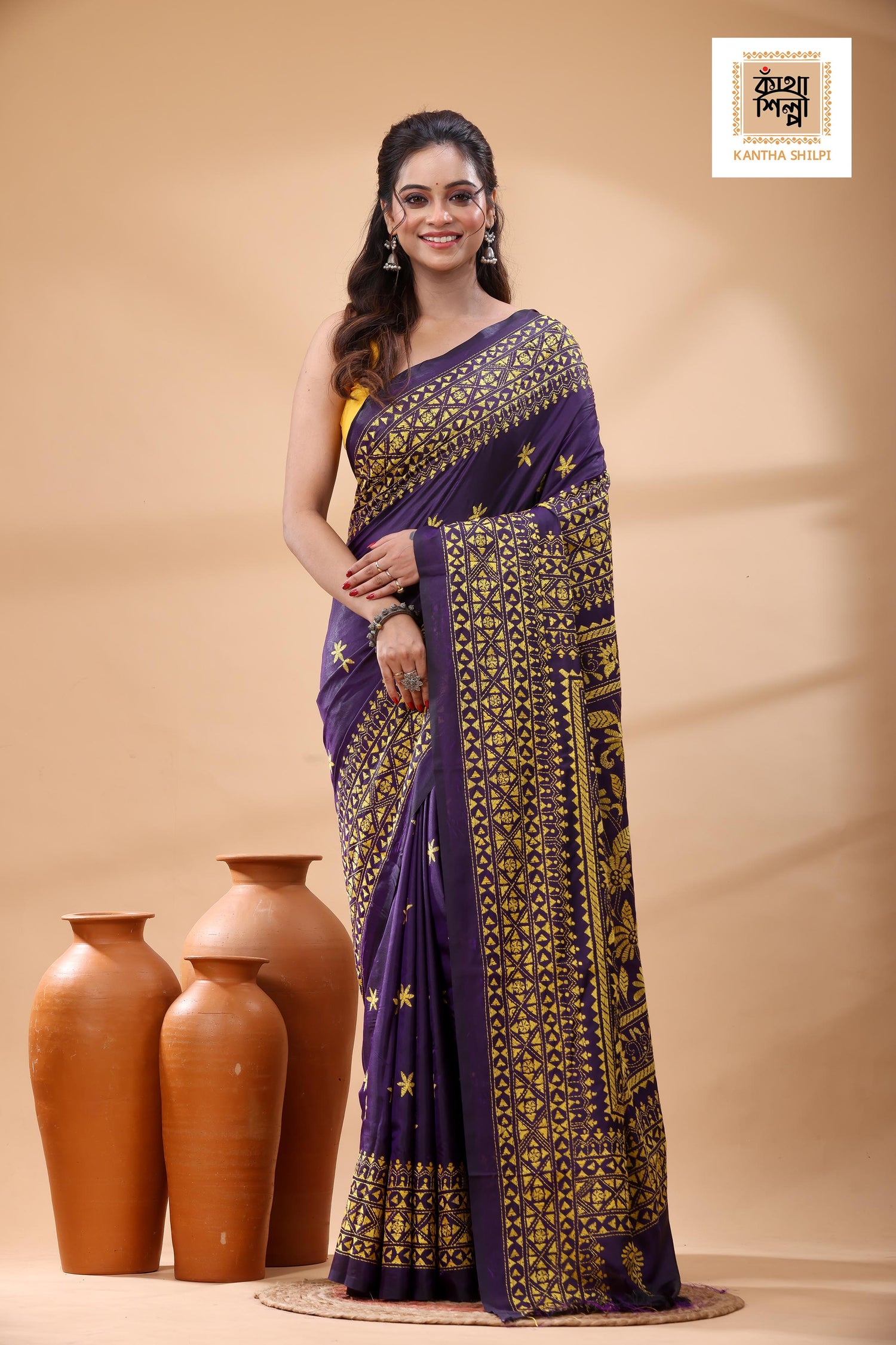 Blue Pure Bangalore Silk Yellow Color Thread Work Kantha Stitch Saree