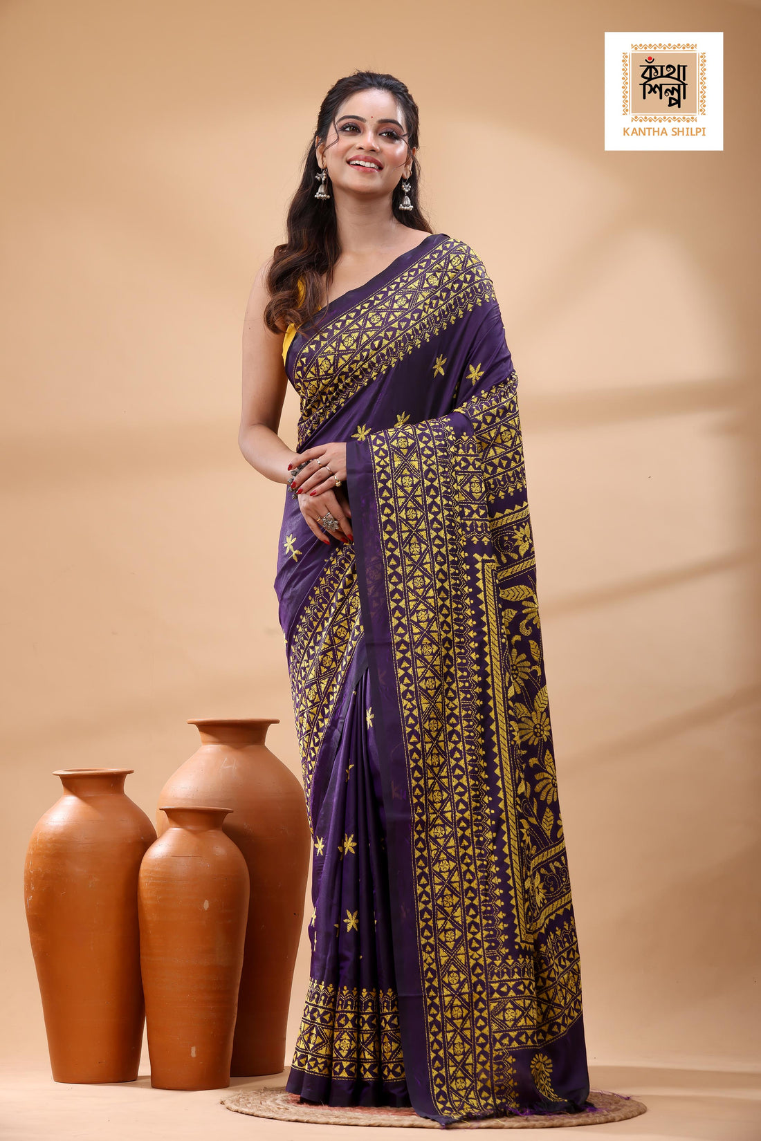 Blue Bangalore Silk Yellow Color Thread Work Kantha Stitch Saree