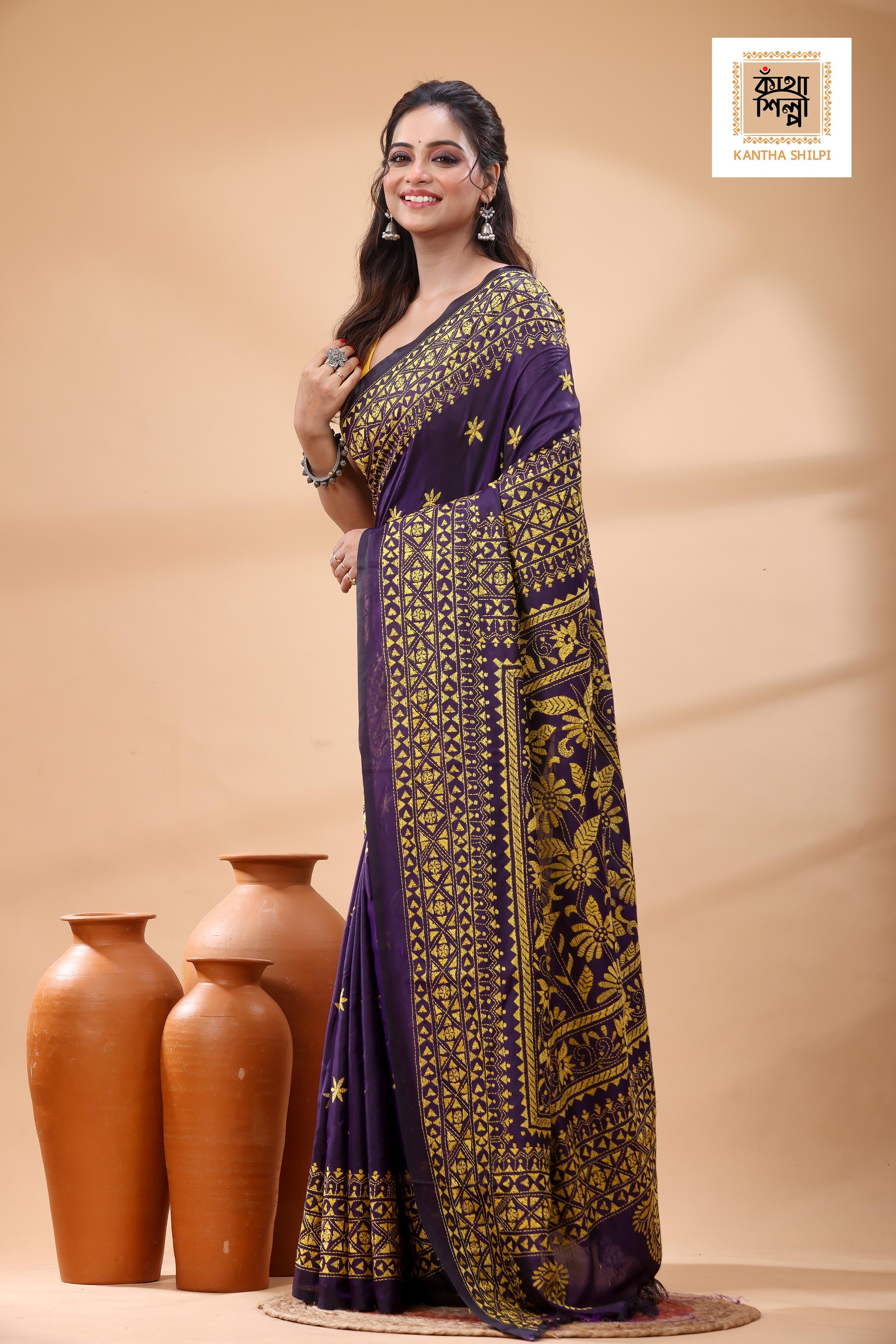 Blue Pure Bangalore Silk Yellow Color Thread Work Kantha Stitch Saree