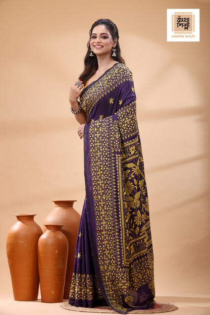 Blue Pure Bangalore Silk Yellow Color Thread Work Kantha Stitch Saree
