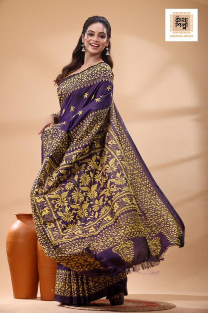 Blue Pure Bangalore Silk Yellow Color Thread Work Kantha Stitch Saree