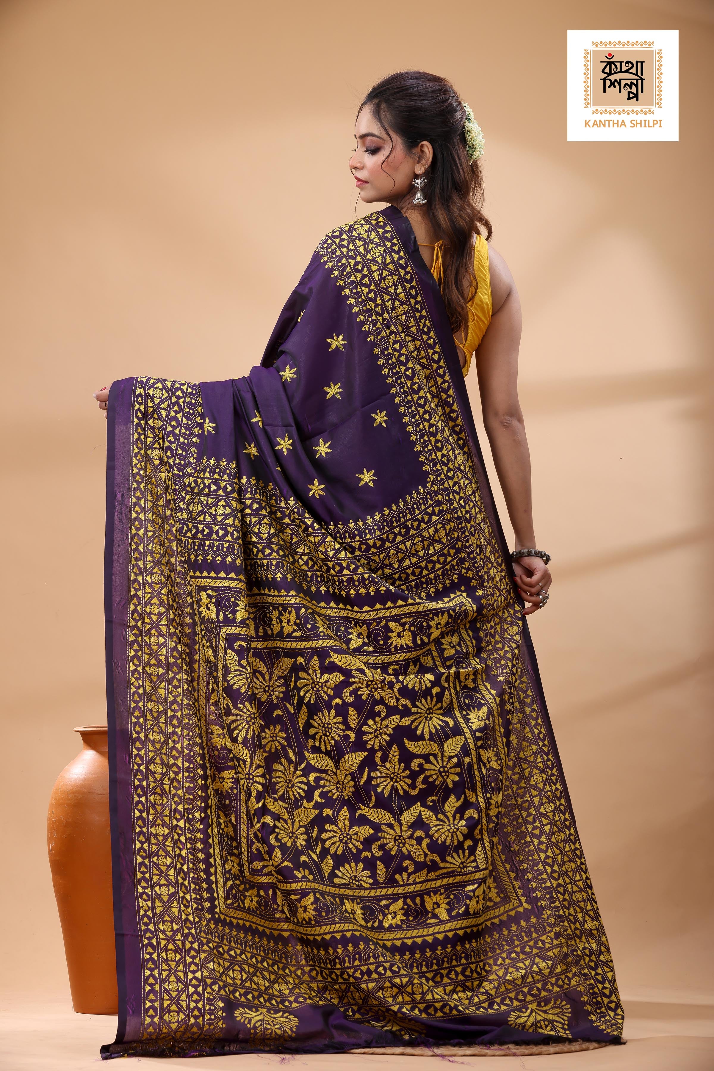 Blue Pure Bangalore Silk Yellow Color Thread Work Kantha Stitch Saree