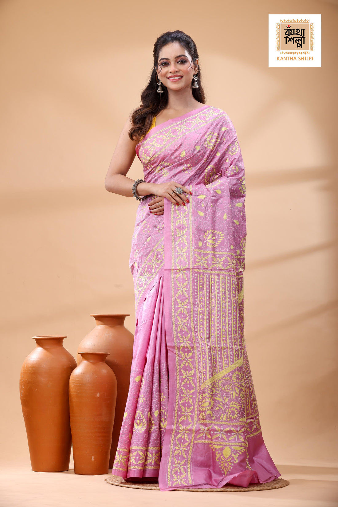 Pure Pink Dye Gachi Tussar White Color Thread Work Kantha Stitch Saree