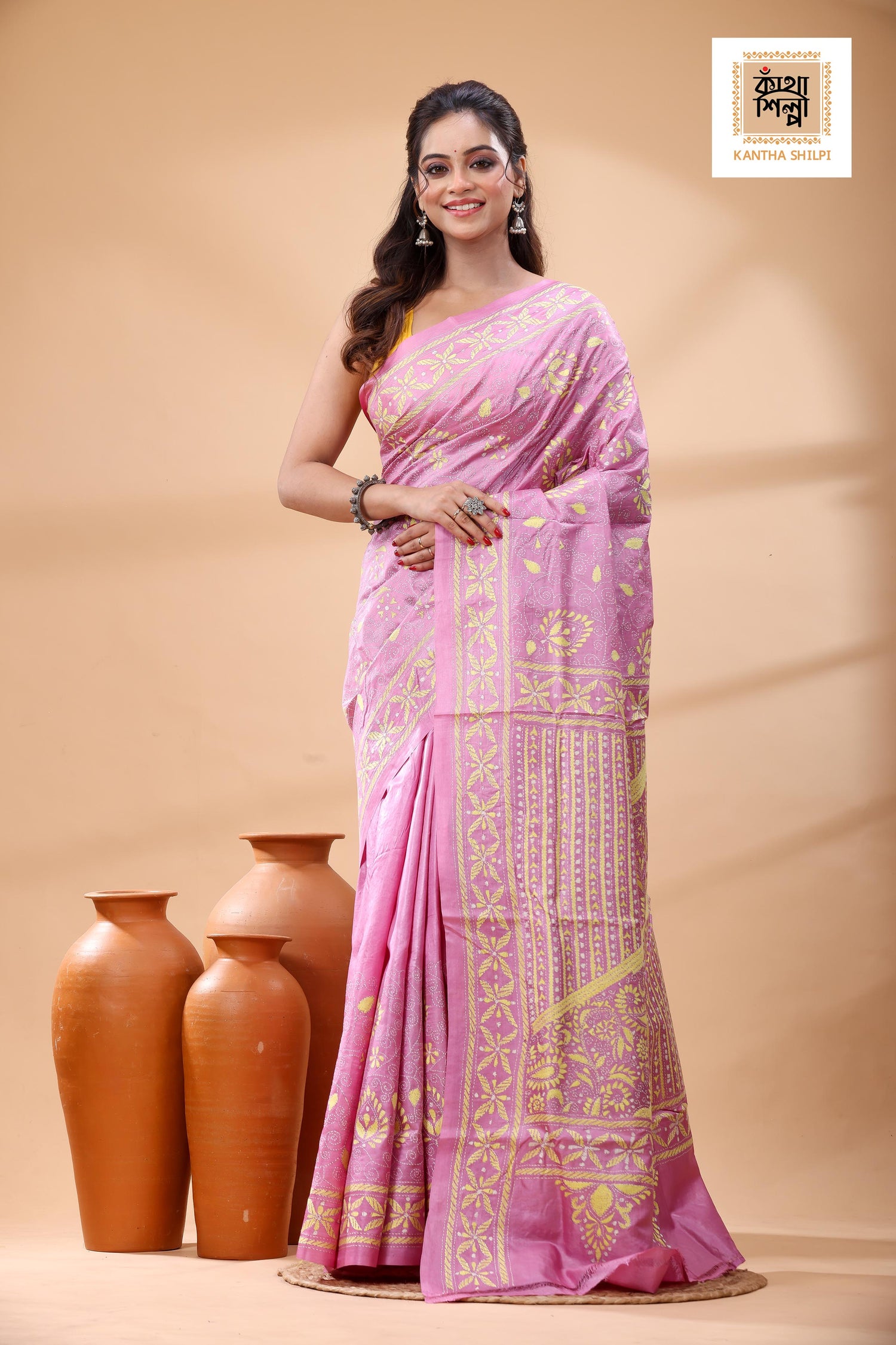 Pure Pink Dye Gachi Tussar White Color Thread Work Kantha Stitch Saree