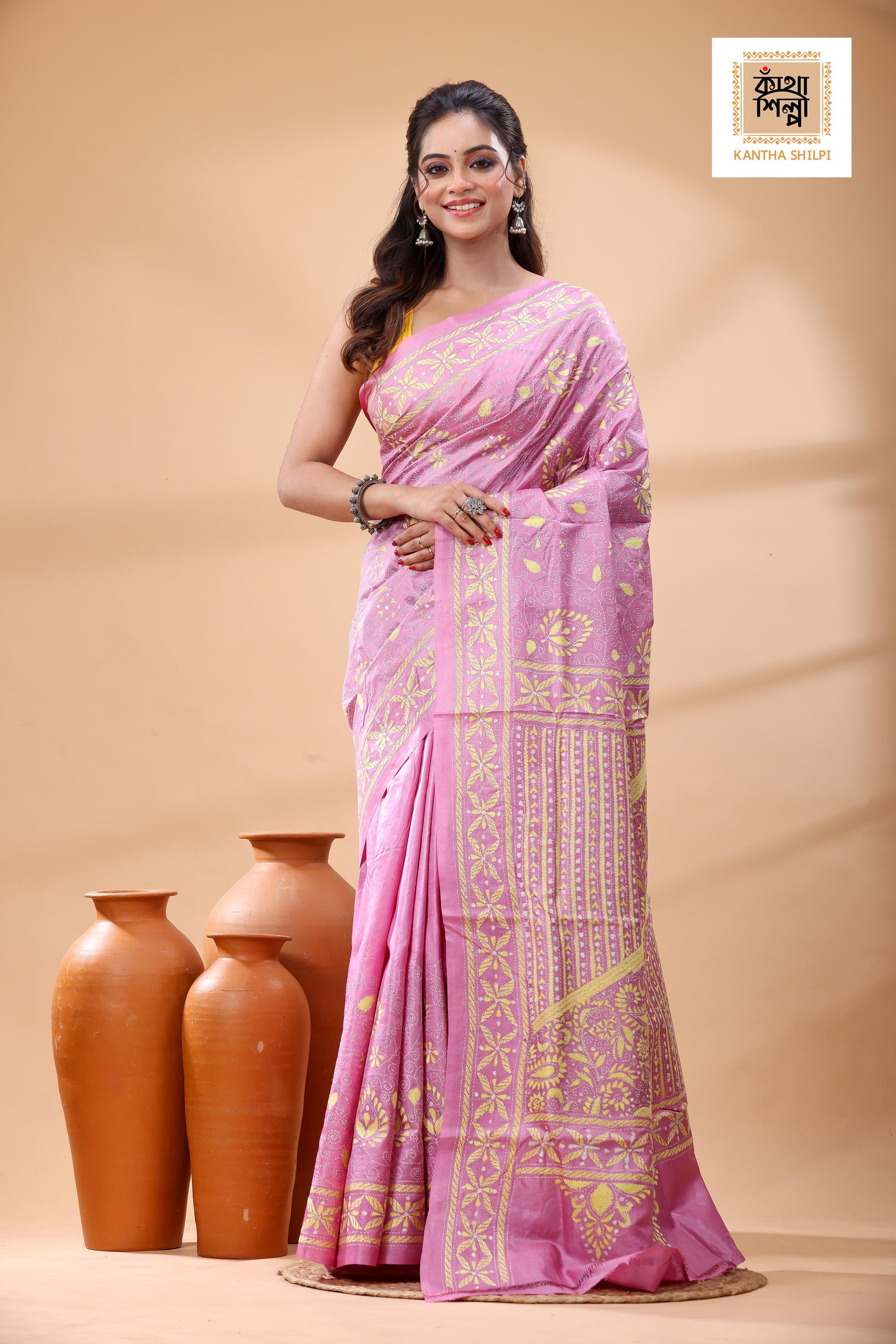 Pure Pink Dye Gachi Tussar White Color Thread Work Kantha Stitch Saree