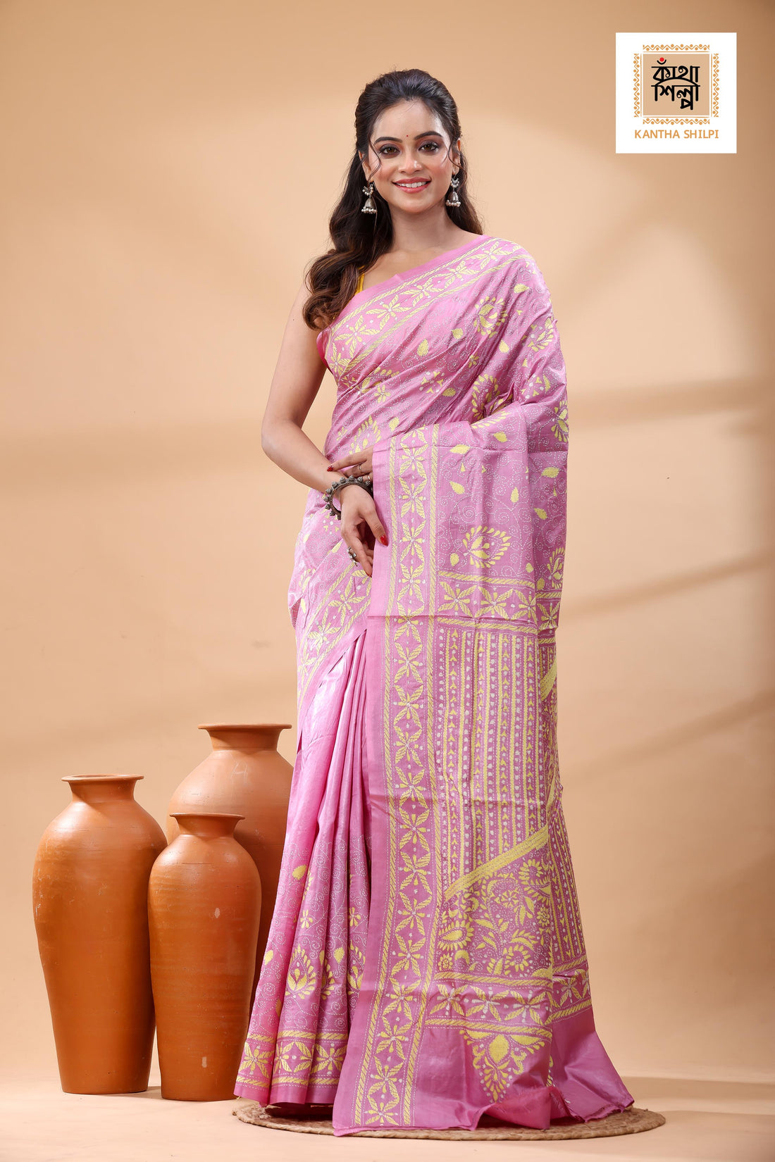 Pure Pink Dye Gachi Tussar White Color Thread Work Kantha Stitch Saree
