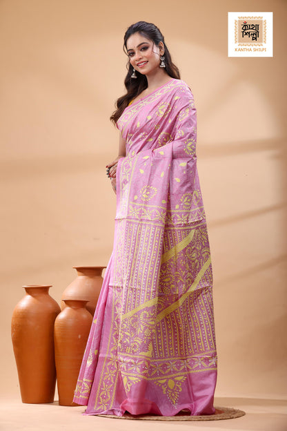 Pure Pink Dye Gachi Tussar White Color Thread Work Kantha Stitch Saree